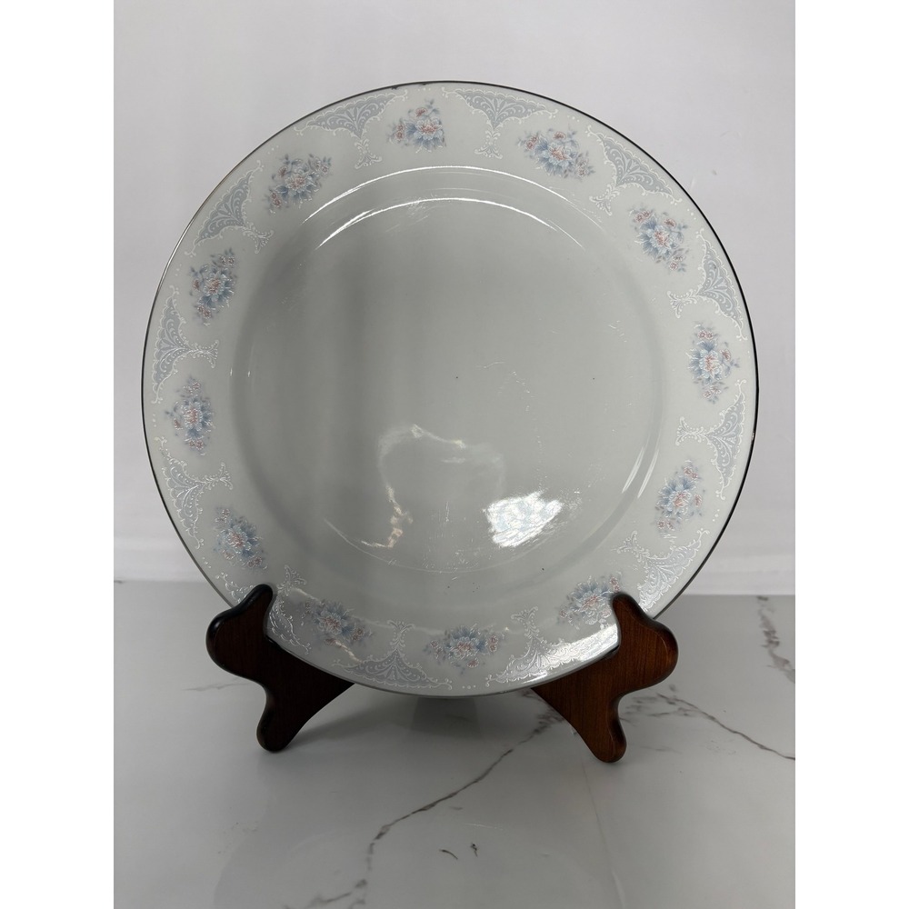 Vintage Porcelain Dinner Plates Set of 4 Blue Pink Floral Silver Rim‎ 10.5 inch